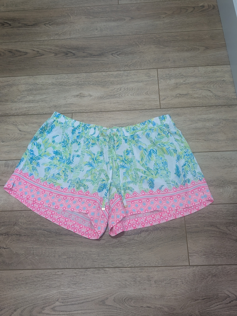 Lilly Pulitzer Green & Blue Tropical Print Shorts with Pink Trim